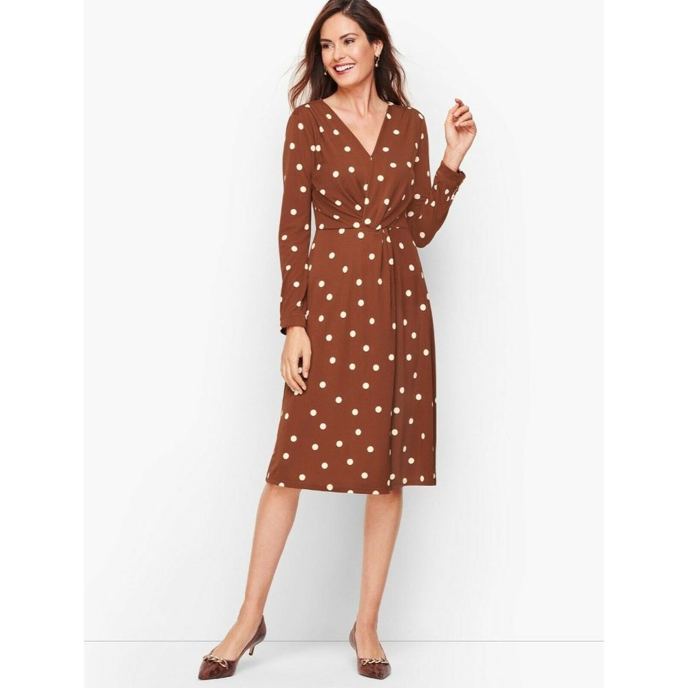 Talbots Twist Front Fit and Flare Midi Dress M Medium Brown White Polka Dot